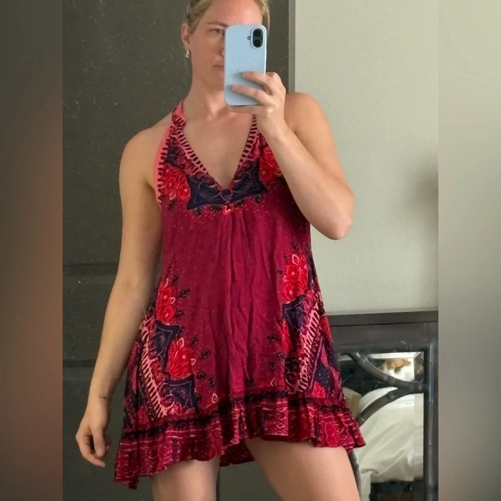 Free People Pink and Navy Floral V-Neck Dress - Picture 4 of 4